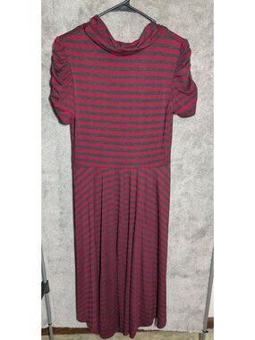 059 Amanda Lane Red Gray Striped Cowl Neck Dress Short Sleeve